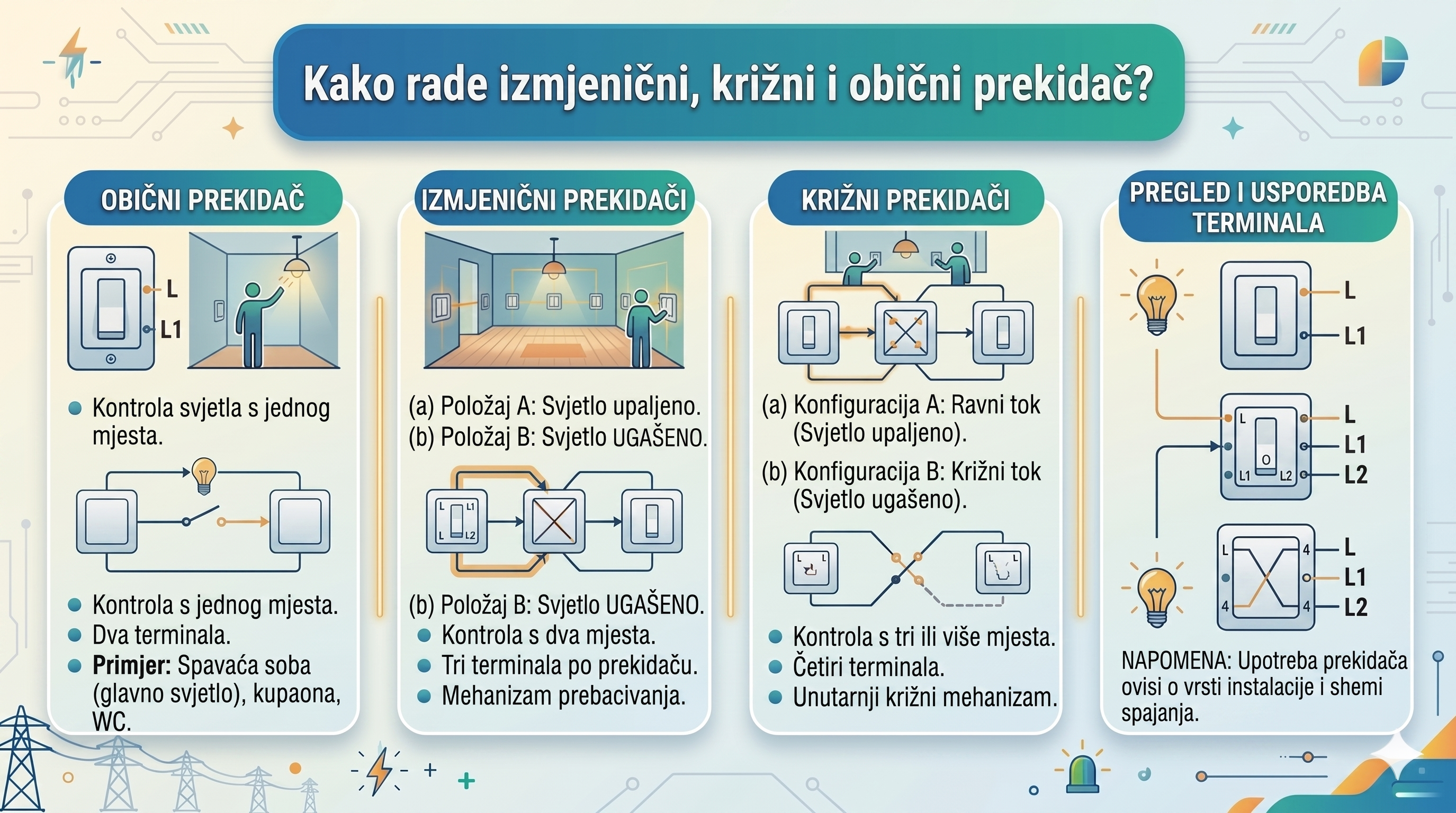Kako rade izmjenični i križni prekidač i obični prekidač?