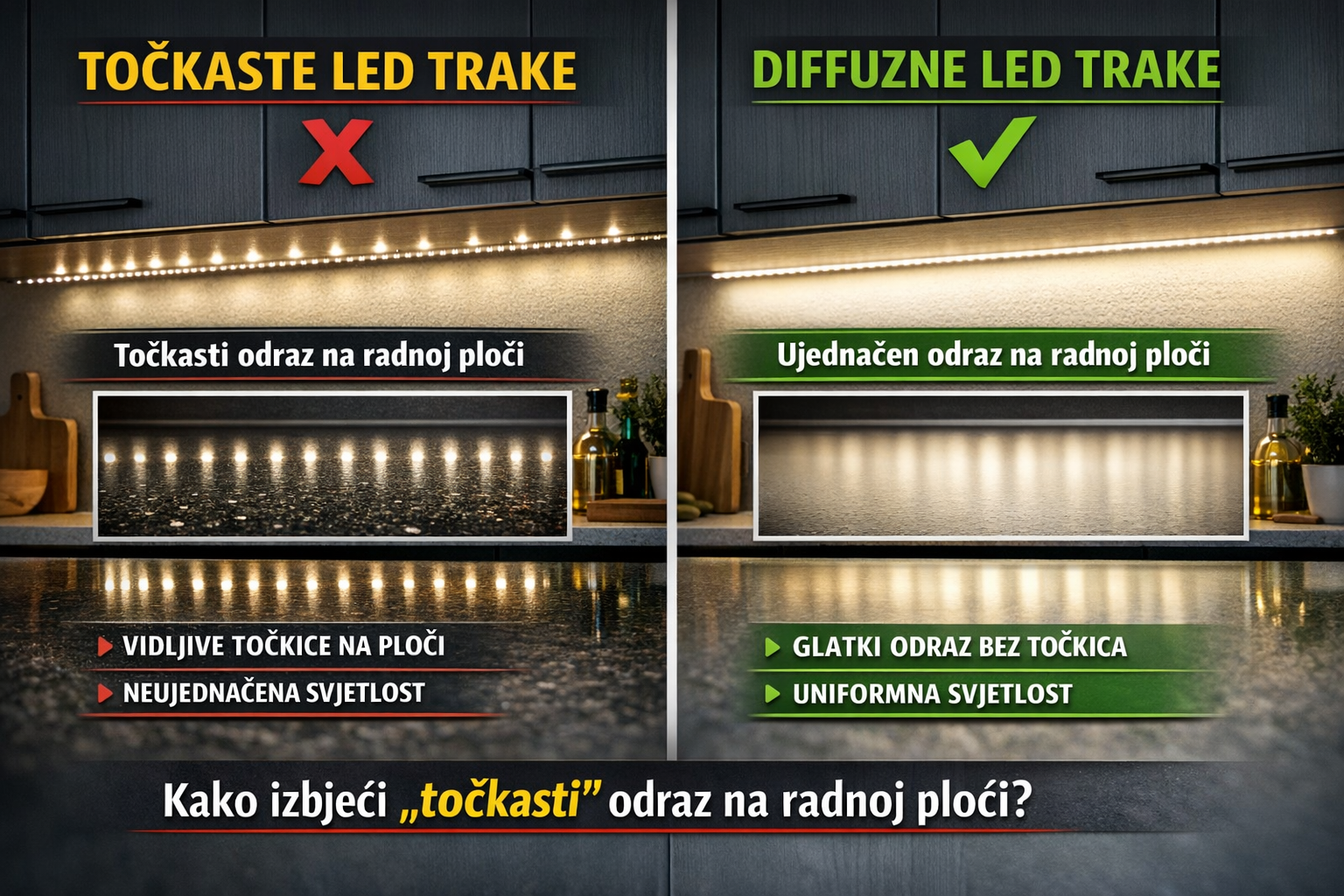 LED trake u kuhinji: Kako izbjeći "točkasti" odraz na radnoj ploči? 